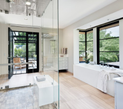 Marvin – Interior Dallas Bathroom featuring Ultimate Casement Narrow Frame and Swinging French Door with Oil Rubbed Bronze hardware.