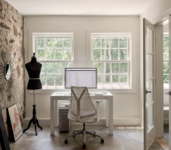 Marvin – Interior RDA Blue House Office featuring Elevate Double Hung and Swinging French Door.
