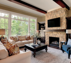Marvin – Interior 2013 Luxury Home Tour Living Room featuring Elevate Double Hung Insert and Picture Window.