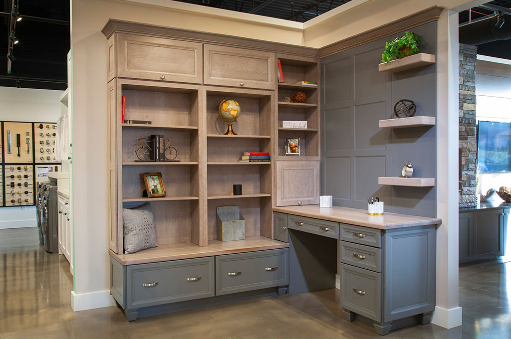 Showroom Tour – Painted gray cabinetry in office setting